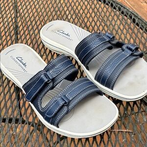 Clarks Navy Double-Strap Cloudsteppers Slide Sandals SZ 7M